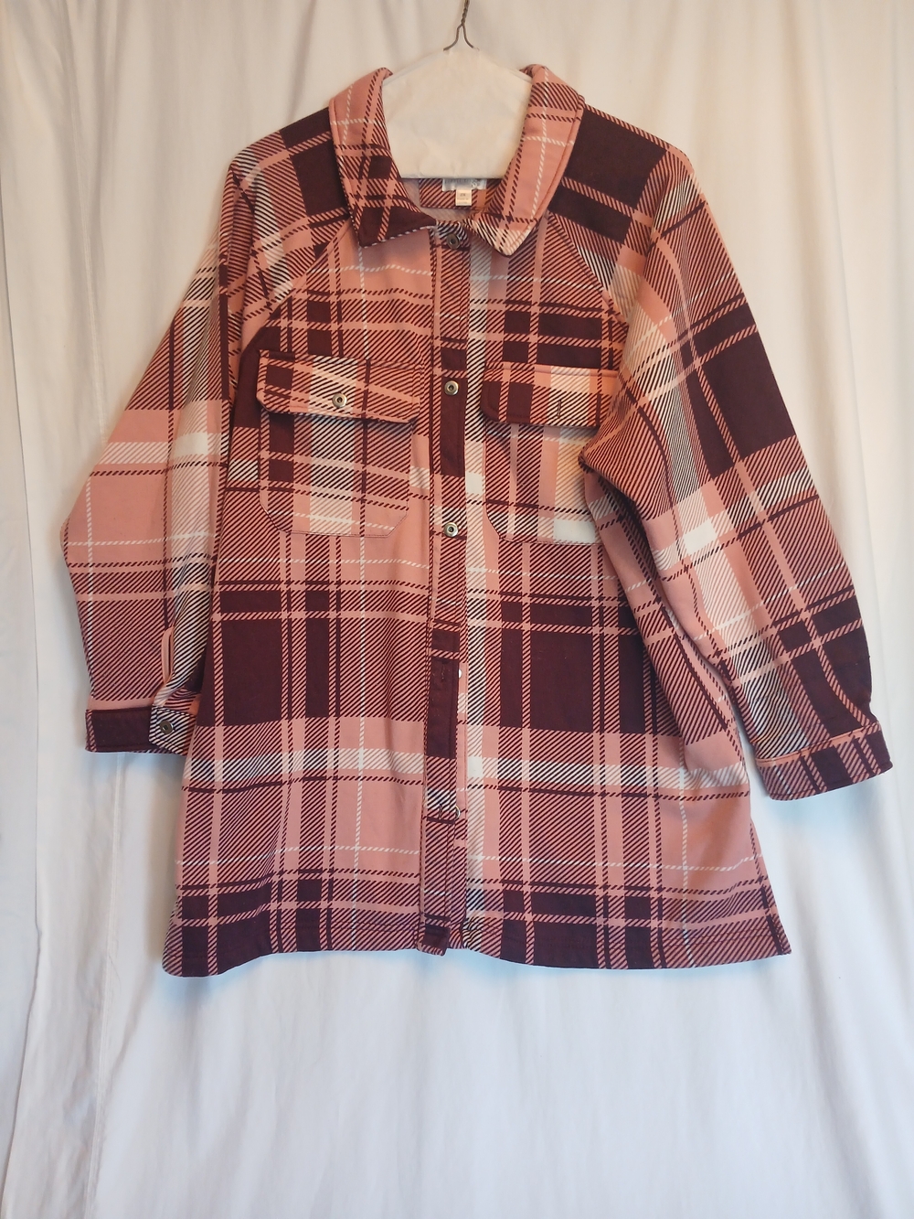 Pink & Burgundy Plaid Button Front Utility Shacket Long Sleeve Shirt Jacket 2X